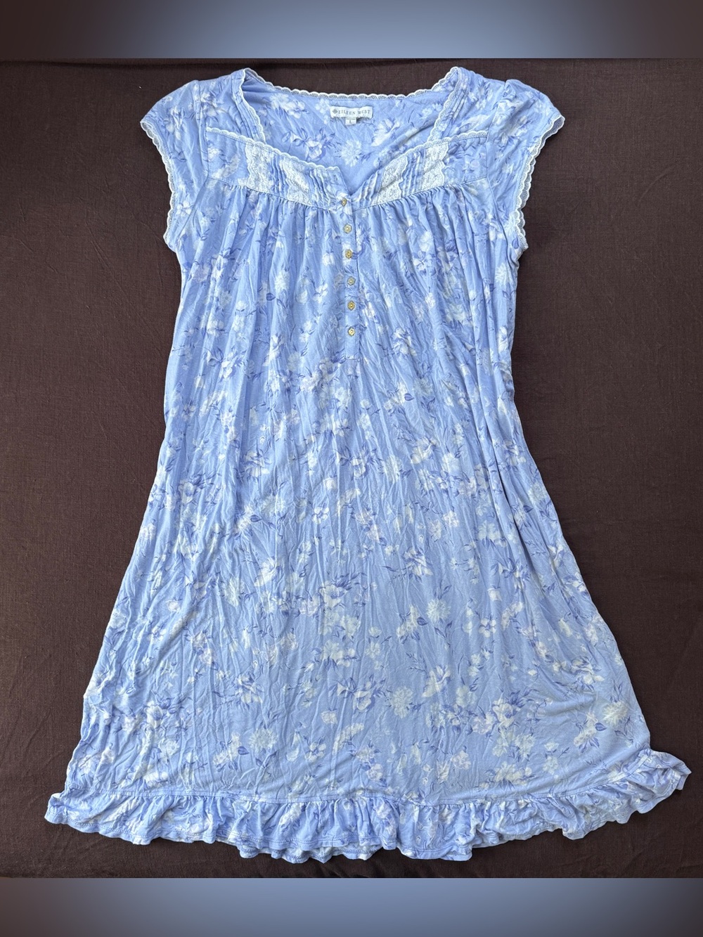 Eileen West periwinkle floral modal midi sleep dress ruffle pearl buttons L